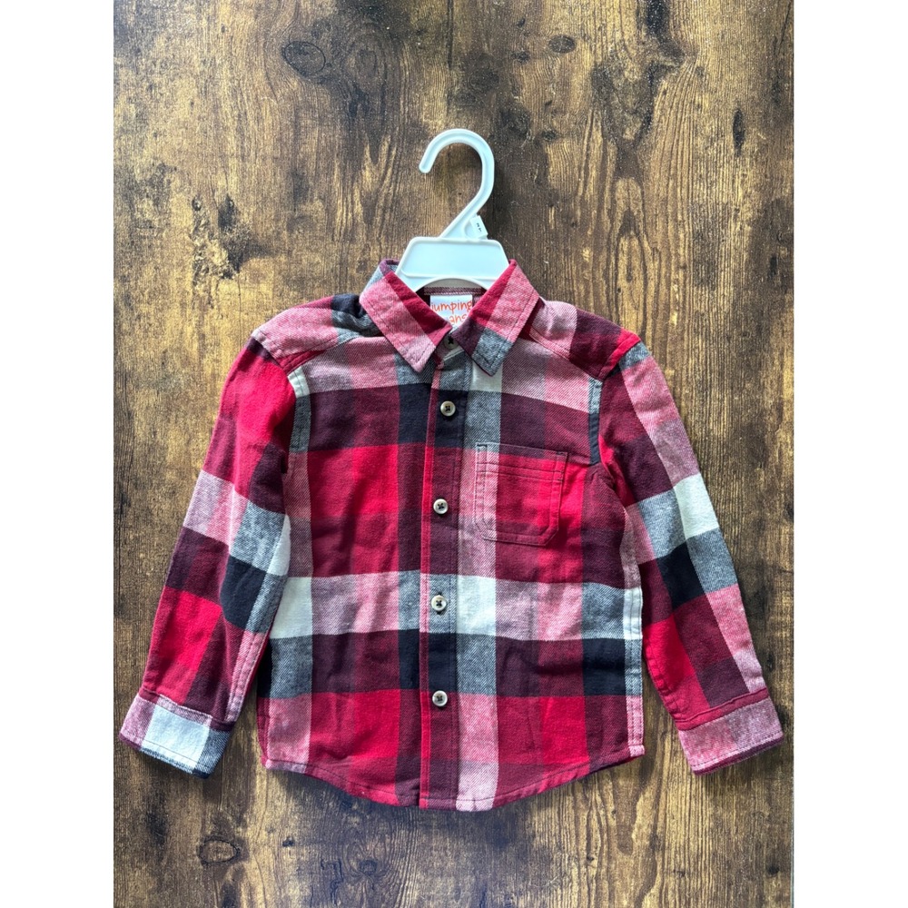Jumping Beans Toddler Boys Red Black Plaid Flannel Button Down Shirt 2T NWT